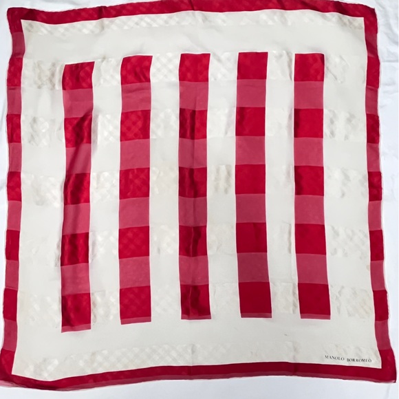 MANOLO BORROMEO Red And Cream Women’s Silk Scarf 33"/33" G.C - Picture 4 of 13